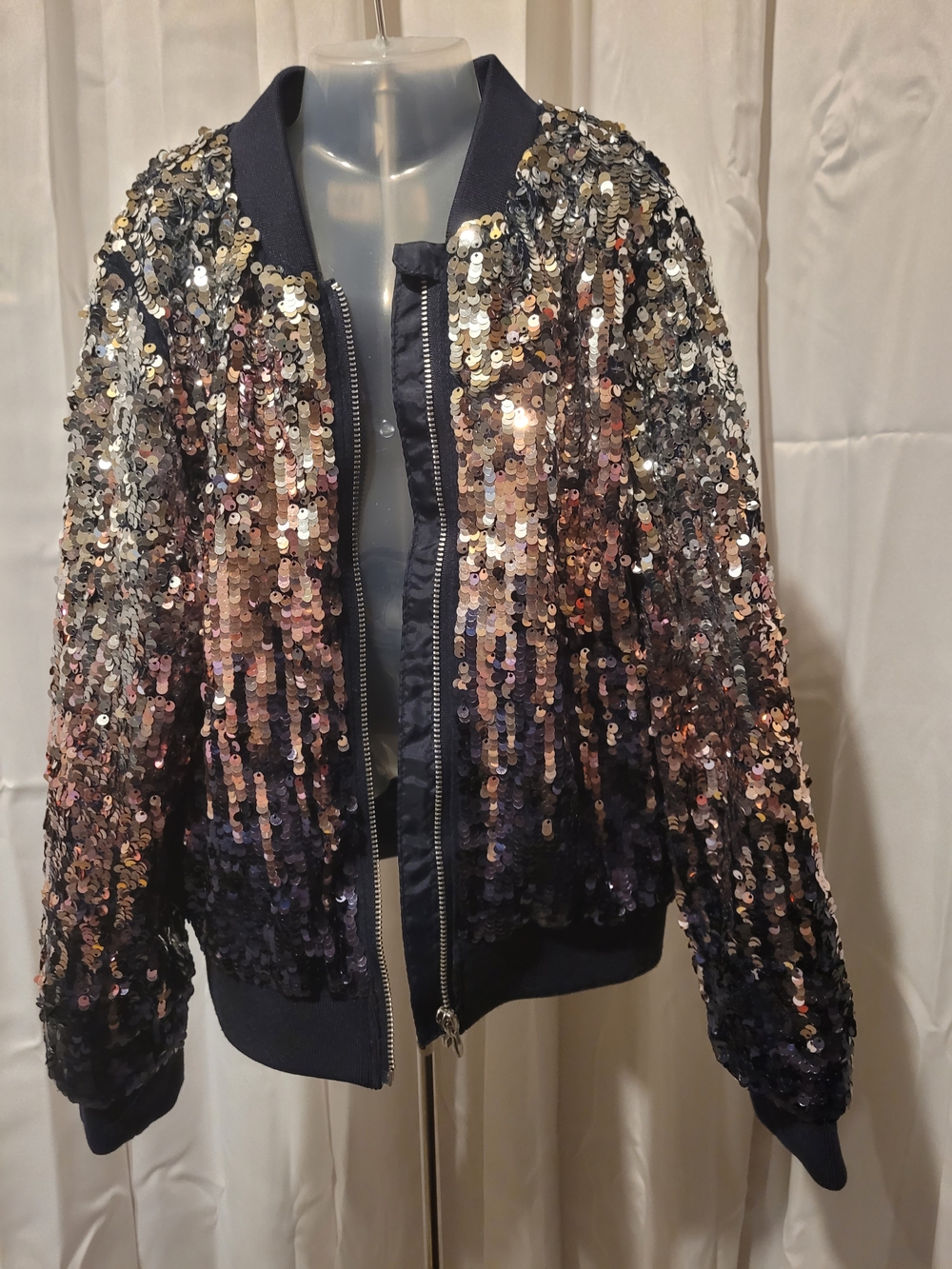 H&M Navy Sequin Ombre Bomber Jacket
